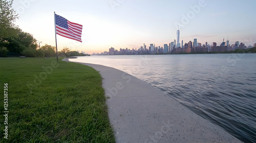 American flag, city skyline sunset, waterfront park