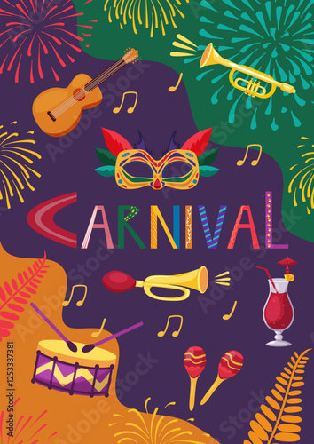 Carnival party flyer. Design for Brazil Carnival. Decorative abstract vector illustration with mask, guitar, trumpet, drum, maracas and fireworks. Music festival poster.