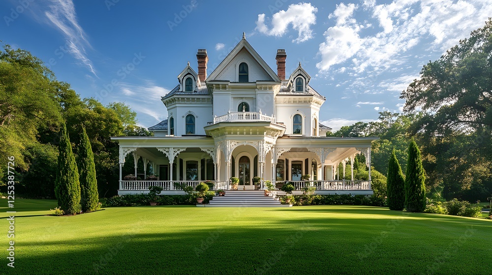 Fototapeta premium Majestic white Victorian mansion features Gothic Revival architecture with ornate details, turrets, on a lush green hilltop, Italian cypress trees and a wraparound porch under bright blue sky.