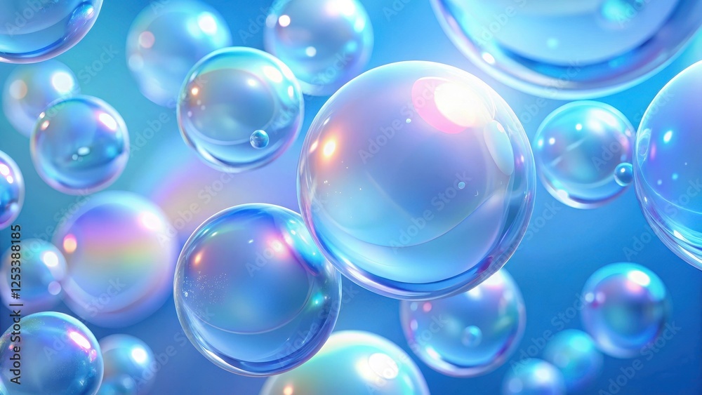 Iridescent Bubbles Float in a Serene Blue Atmosphere, a Captivating Display of Light and Transparency Iridescent Bubbles Float in a Serene Blue Atmosphere, a Captivating Display of Light and Transparency
