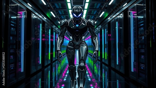 Modern tunnel with neon lights and robot