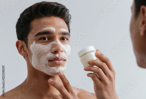 Hombre alegre de pelo rizado sosteniendo un pequeño tarro de crema facial, mostrando su textura suave, con un fondo de color neutro
 photo