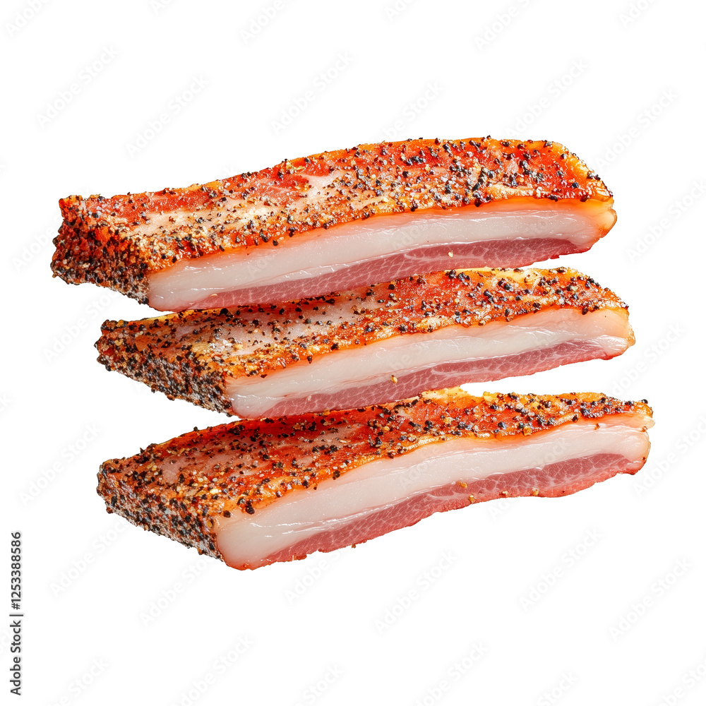 Slices of seasoned lardo or salo with peppercorn coating, isolated on white transparent background, concept of premium cured meat Slices of seasoned lardo or salo with peppercorn coating, isolated on white transparent background, concept of premium cured meat