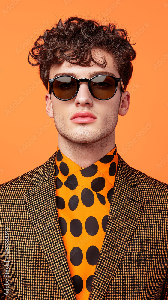 Fototapeta premium Stylish man wearing sunglasses and patterned shirt against orange background