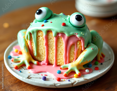 Whimsical frog cake with colorful drips and candy sprinkles for unique celebrations photo