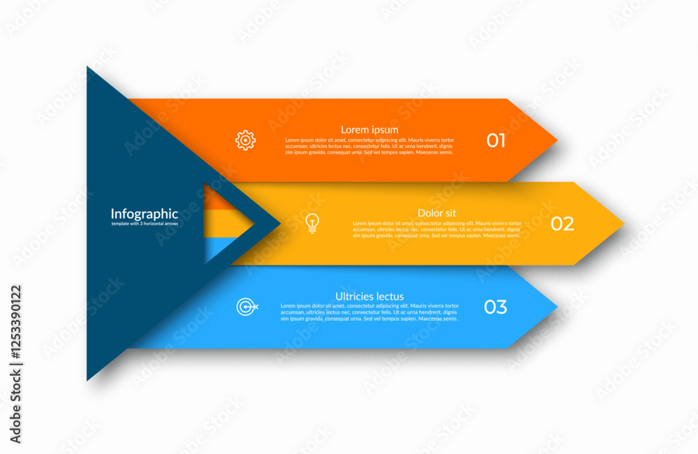 Three-step infographic with horizontal arrow-shaped sections that numbered and contains a place for text block and icon to represent different steps, options or stages. Vector illustration.