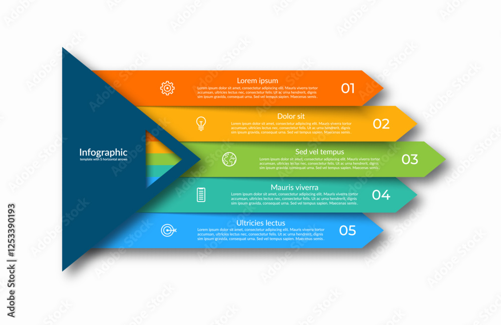 Five-step infographic with horizontal arrow-shaped sections that numbered and contains a place for text block and icon to represent different steps, options or stages. Vector illustration.