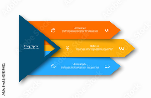 Three-step infographic with horizontal arrow-shaped sections that numbered and contains a place for text block and icon to represent different steps, options or stages. Vector illustration.