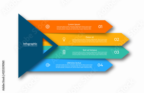 Four-step infographic with horizontal arrow-shaped sections that numbered and contains a place for text block and icon to represent different steps, options or stages. Vector illustration.