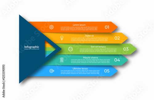 Five-step infographic with horizontal arrow-shaped sections that numbered and contains a place for text block and icon to represent different steps, options or stages. Vector illustration.