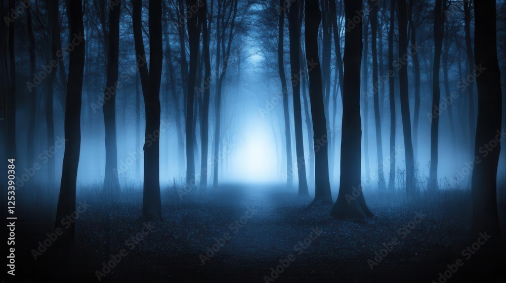 Fototapeta premium Forest background image showing a dark forest with tall trees and fog, illuminated by the soft glow of moonlight
