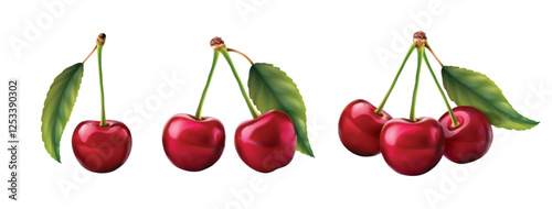 3d realistic vector icon illustration. Fresh red cherries with stem and leaf in one, two or three berries. Isolated on white background.