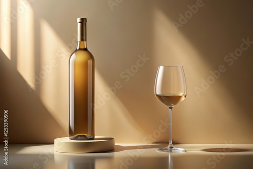 A bottle of wine and a glass of wine illuminated by sunlight against a beige backdrop.
