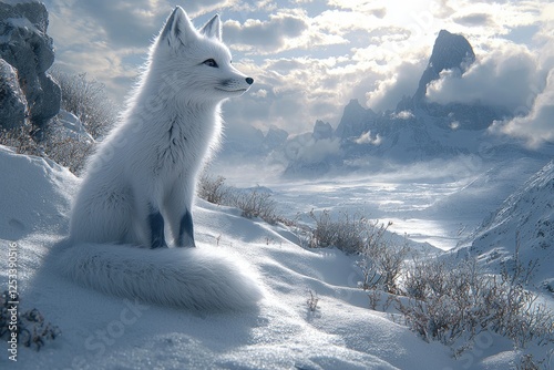 Arctic Fox Sitting on Snowy Mountain Peak