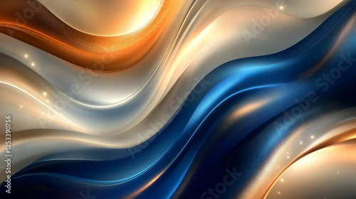 An abstract design with smooth gradients of sapphire blue, golden orange and soft ivory tones, illuminated with balanced lighting to bring out their richness