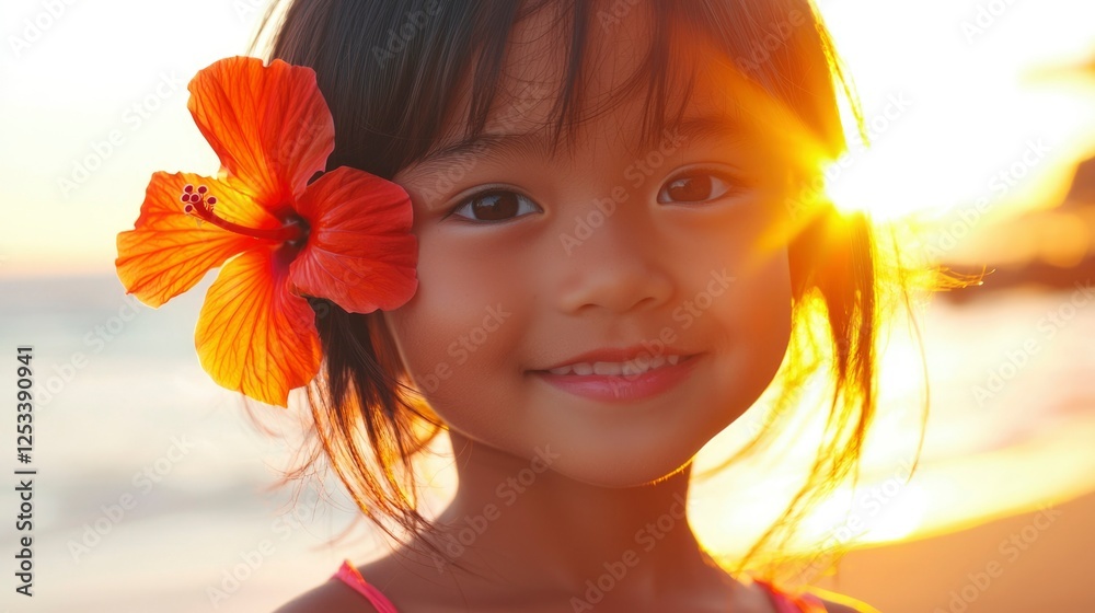 Fototapeta premium Child smiles at sunset on beach. Possible use Stock photo for children's happiness, vacation, or family moments