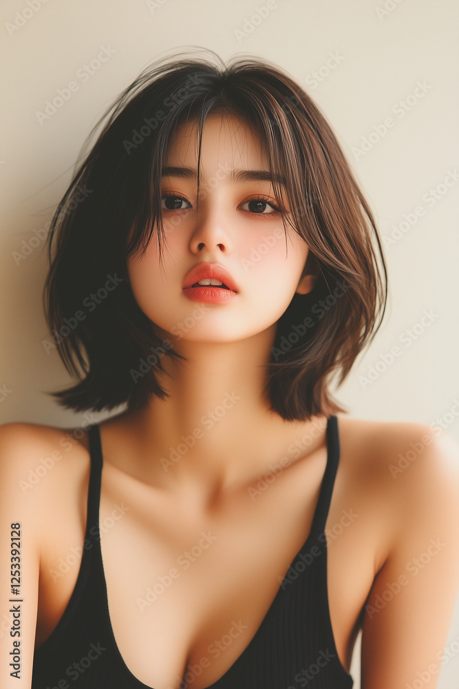 Fototapeta premium 美女, 女性, 美しい, 顔, モデル, 日本, 韓国, 中国, アジア, カフェ, ファッション