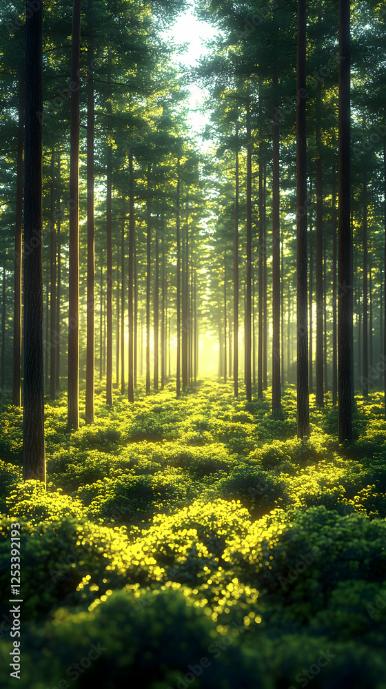 Fototapeta Sunlight Path Through Lush Green Forest