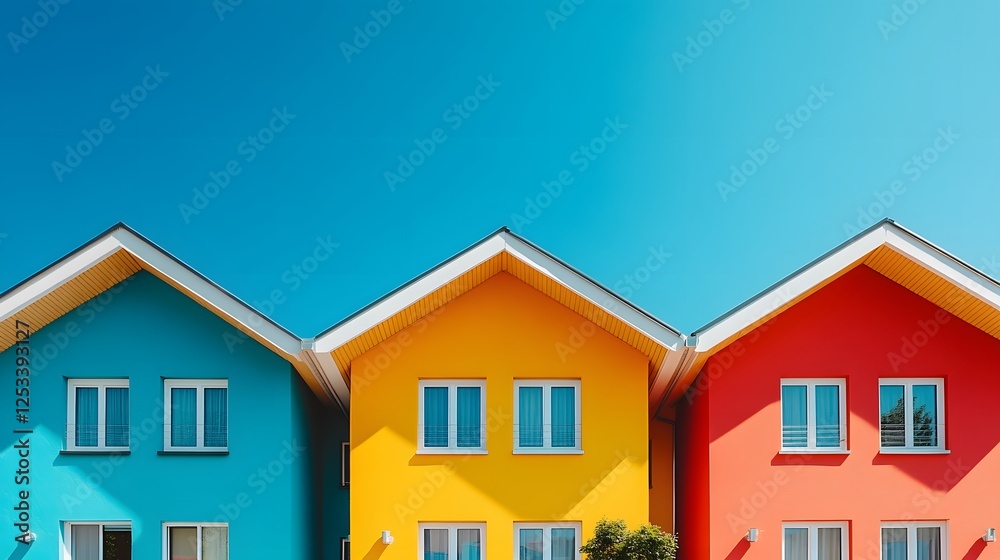 Colorful rooftops create geometric patterns against bright blue sky, showcasing pastel houses with windows in symmetrical arrangement of rainbow-colored modern architecture. Colorful rooftops create geometric patterns against bright blue sky, showcasing pastel houses with windows in symmetrical arrangement of rainbow-colored modern architecture.