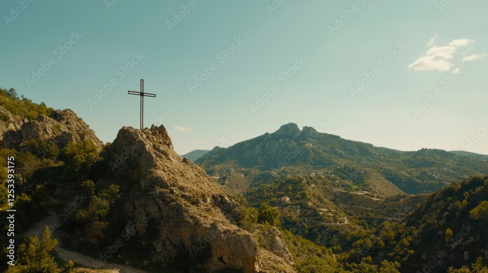 Obraz premium Religious cross on mountaintop overlooking valley