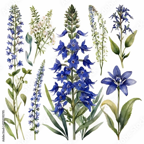 Big set with buds, flowers, twigs and leaves of lobelia in watercolor illustration. This set is well suited for your various projects: creating cards, invitations, wedding design and many others