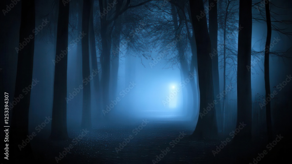 Naklejka premium Forest background image showing a dark forest with tall trees and fog, illuminated by the soft glow of moonlight