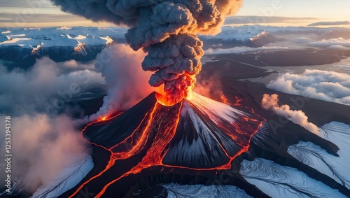Dramatic aerial view of a massive volcano eruption