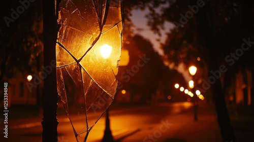 Broken street lamp at night, city street, illuminated, ambiance photo