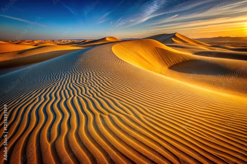 Naklejka premium Golden Sandscapes A Serene Desert Sunset with Undulating Dunes and Textured Patterns