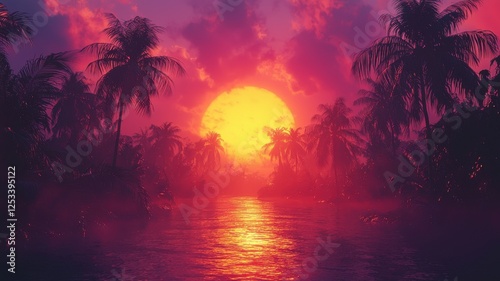 Meteorological phenomena concept. Vibrant sunset over water with silhouetted palm trees creating a tranquil atmosphere.