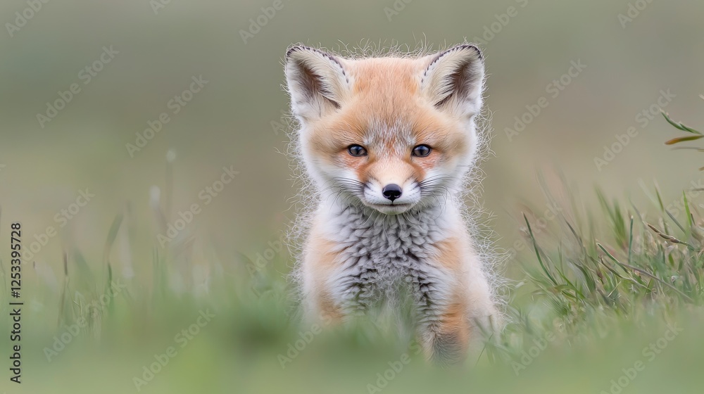 Adorable Red Fox Kit in Grassy Field; Wildlife Portrait; Nature Scene; Stock Photo Adorable Red Fox Kit in Grassy Field; Wildlife Portrait; Nature Scene; Stock Photo
