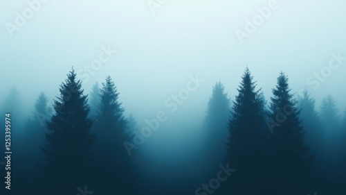 Meteorological phenomena concept. Misty forest landscape with silhouettes of trees in a serene, atmospheric setting.