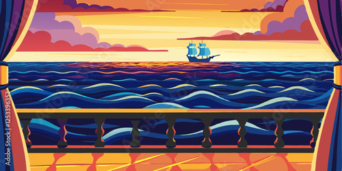 A ship in the sea. Tropical blue sea and ship with sails at sunset. Cartoon style. Vector illustration. 