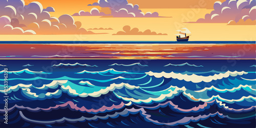 A ship in the sea. Tropical blue sea and ship with sails at sunset. Cartoon style. Vector illustration. 