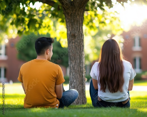 Couple enjoying loveconnected moments under a tree in a park intimate lifestyle scene warm evening light
