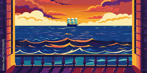 A ship in the sea. Tropical blue sea and ship with sails at sunset. Cartoon style. Vector illustration. 