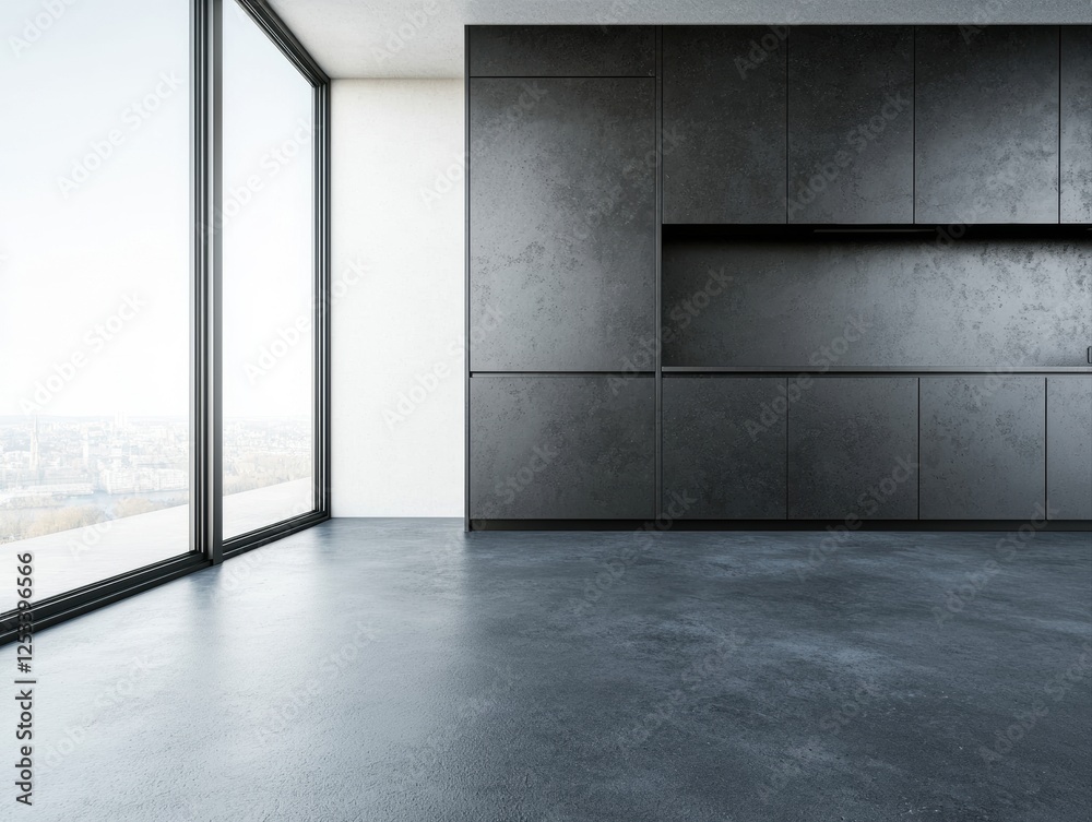 Fototapeta premium Sleek Modern Kitchen Interior Design with Natural Lighting and Scenic View