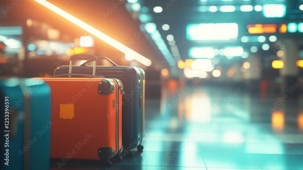 Suitcases ready for adventure in a bustling terminal, capturing the essence of travel and exploration. Suitcases ready for adventure in a bustling terminal, capturing the essence of travel and exploration.