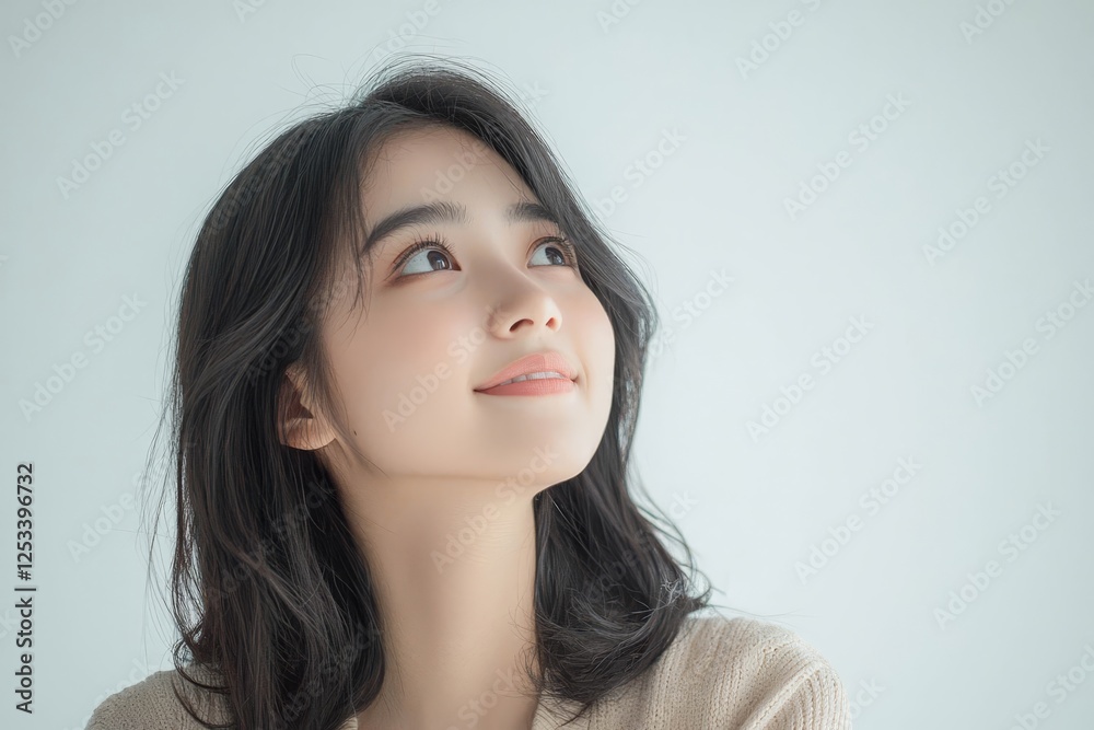 Beautiful girl thinking and smiling on white.