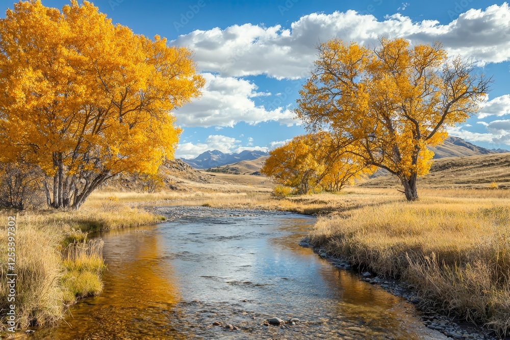 Fototapeta premium Beautiful sunny walley landscape with wide mountain creek between the yellow trees with cloudy blue sky.