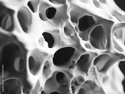 Close-up of a porous, bone-like structure rendered in 3D, illustrating interconnected cavities and a textured surface, highlighting structural integrity. photo