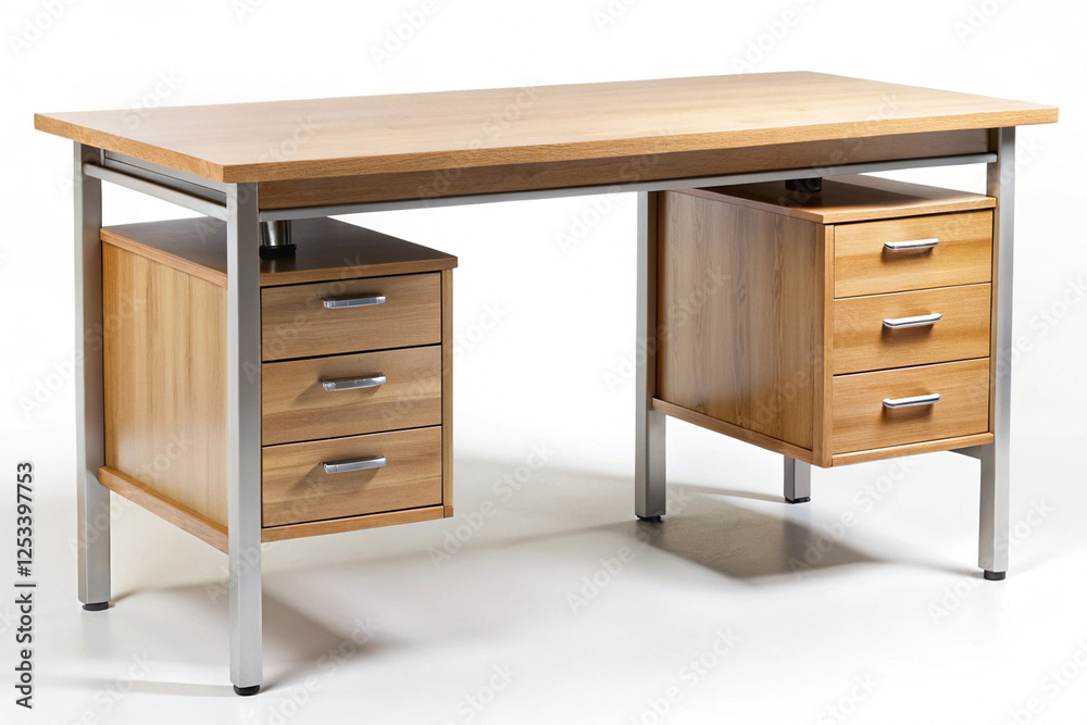 Modern Wooden Desk with Drawers: A sleek and functional desk with a modern design features a spacious wooden top and a combination of three drawers on the left and four drawers on the right side. Modern Wooden Desk with Drawers: A sleek and functional desk with a modern design features a spacious wooden top and a combination of three drawers on the left and four drawers on the right side.