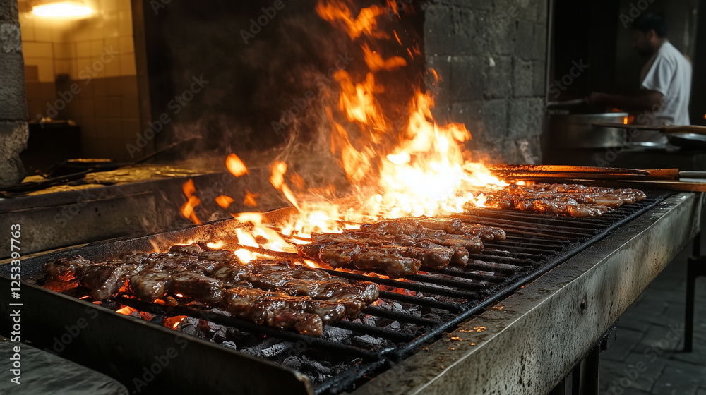 Lush flames rising as meat sizzles on a hot charcoal grill Lush flames rising as meat sizzles on a hot charcoal grill