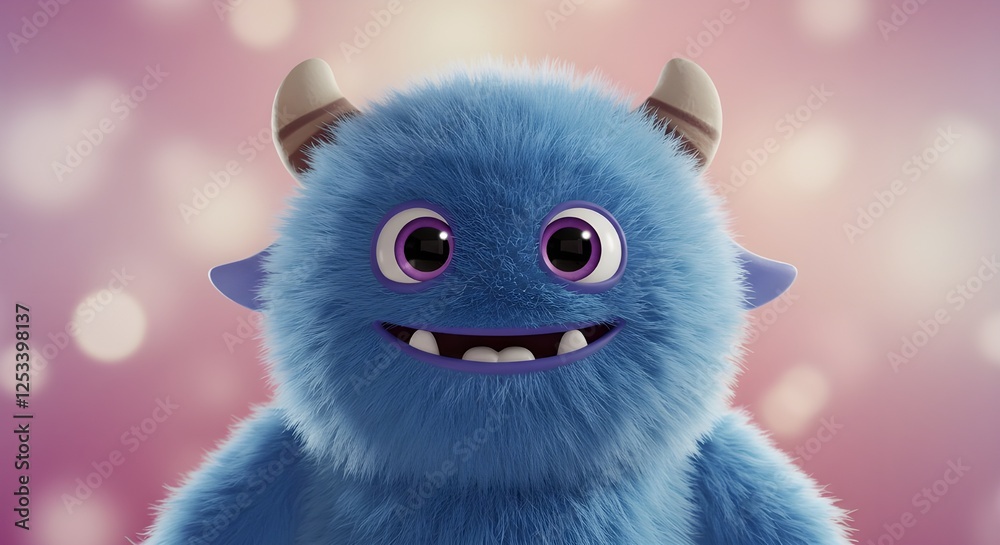 Fototapeta premium Lindo personaje de dibujos animados 3D de monstruo peludo azul 