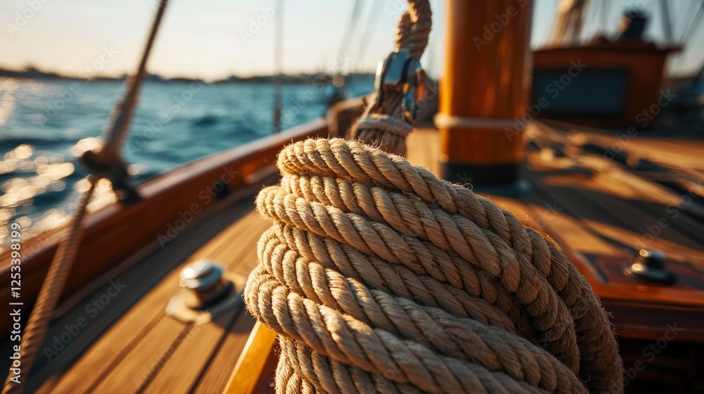 Obraz premium Closeup of nautical rope on a sailboat at sunset