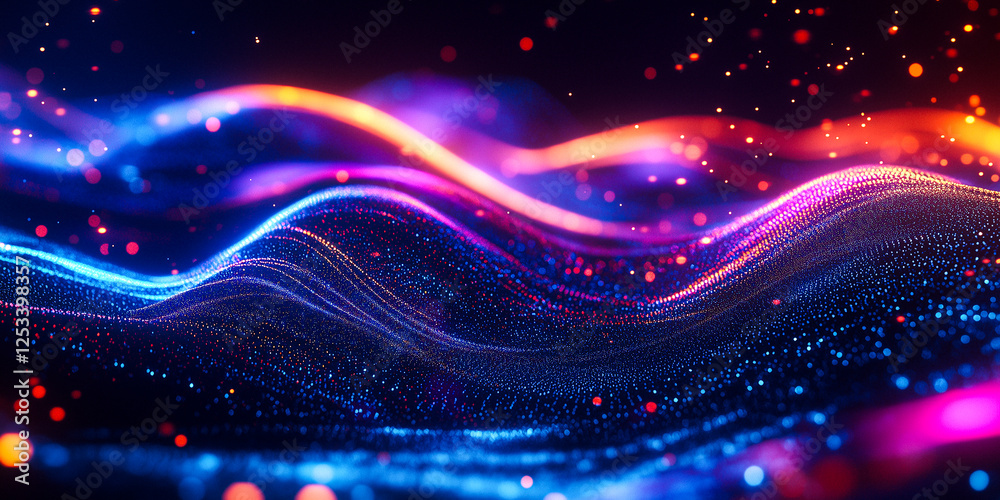 Fototapeta premium Abstract digital waving 3d particle technology background design. Futuristic moving dots particles, hi-tech and big data visualization for brochures, flyers, magazine, business card, banner.