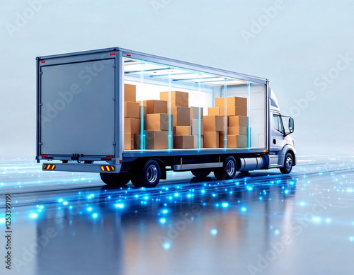 Cargo truck on a futuristic road with illuminated pavement transporting boxes at twilight, showcasing modern logistics and transportation technology