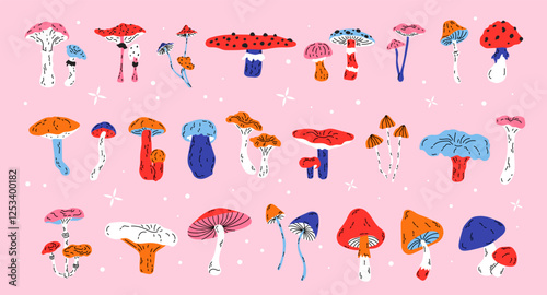 Set of different forest seasonal mushrooms toadstool, chanterelle, fly agaric, boletus. Whimsical cute mushrooms. Autumn set of hand drawn cute design elements. Fall, Thanksgiving Day, Autumn season