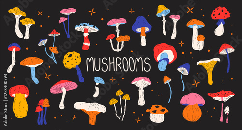 Retro set groovy mushrooms.Hippie cartoon design elements in 90s style. Forest seasonal mushrooms toadstool, chanterelle, fly agaric, boletus. Colorful poisonous and edible mushrooms. 