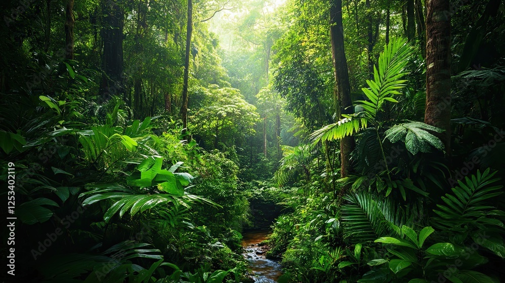 Fototapeta premium A vibrant rainforest with towering trees, exotic plants, and a gentle stream winding through the underbrush